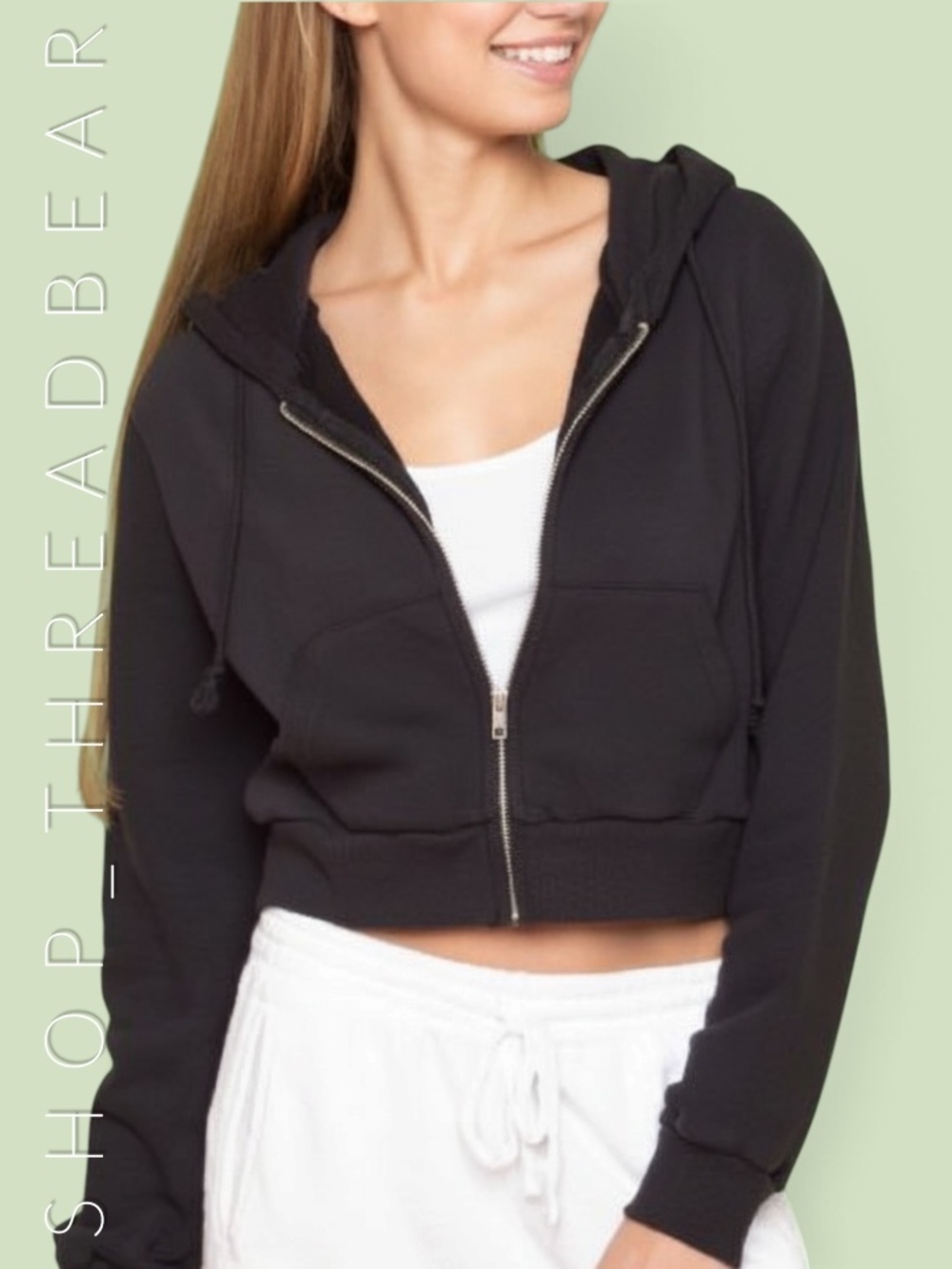 EUC [Brandy Melville] Black Crop Long Sleeve Zip Up Cropped Hoodie | OSFM = S/M